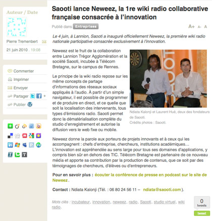 Page avec un article détaillé